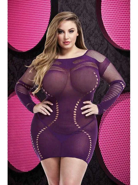 Lapdance Lingerie Vibrators Long Sleeve Mini Dress LC65 Purple XL